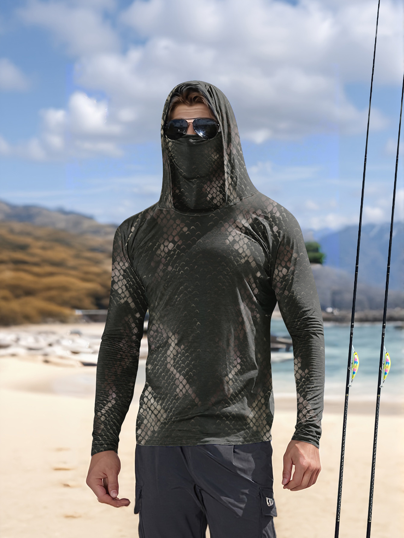 Fishing Hoodie - Herren Angelhemd mit Kapuze, Langarm, Tarnmuster,