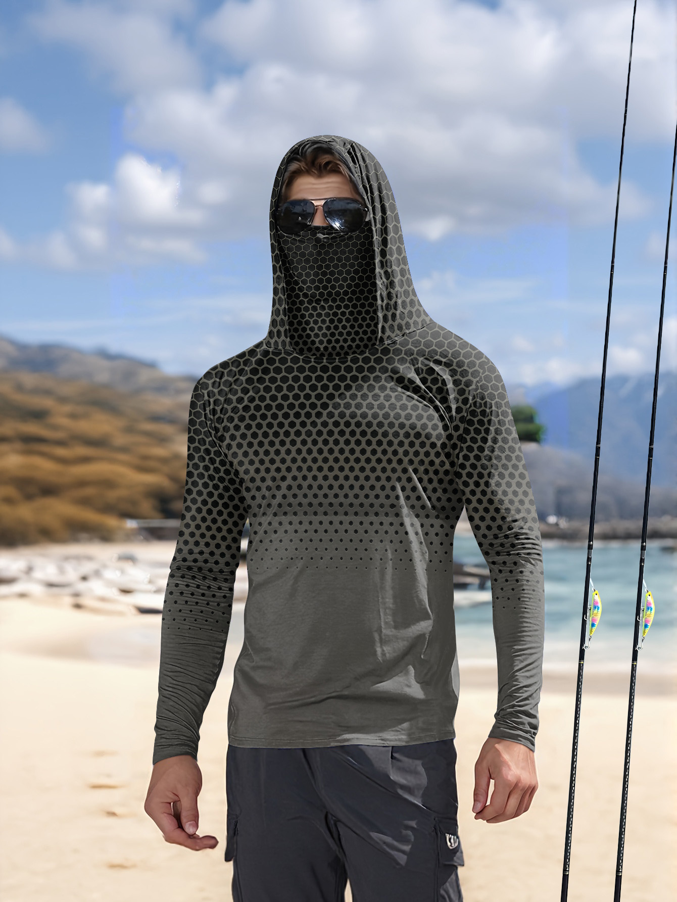 Fishing Hoodie - Graues, farbverlaufendes Wabenmuster-Angelhemd für Herren mit